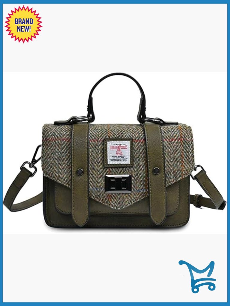 Harris Tweed Mini Satchel With Microfiber Leather, Adjustable Strap